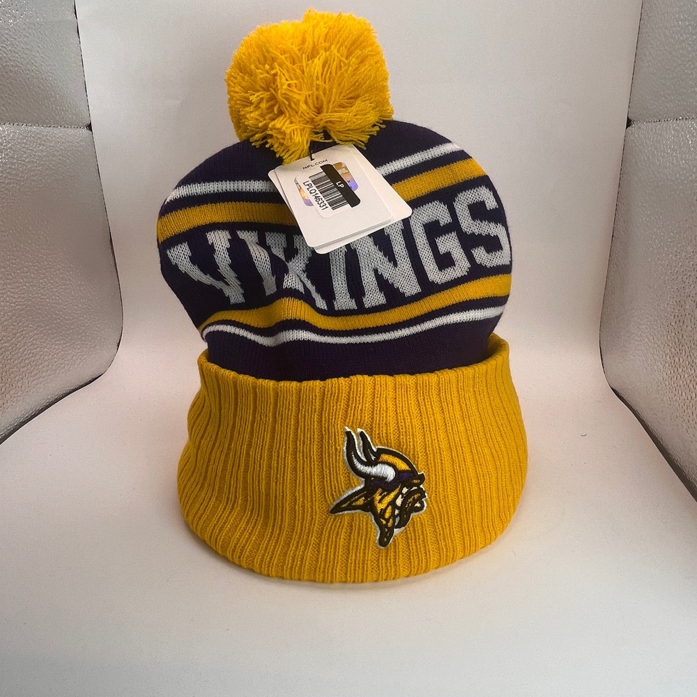 NFL Minnesota Vikings Beanie OS Purple Yellow NEW Pom Pom Cuffed Knit Hat
